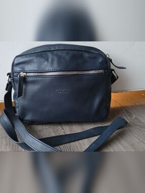 Lugupell Made in Spain Navy Blue Leather Crossbody Camera Bag Embossed